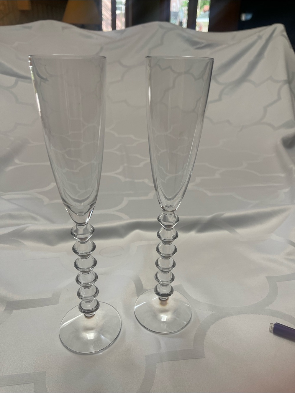 Baccarat Clear Crystal Champagne Flutes with Stacked Bead Stems (Pair)